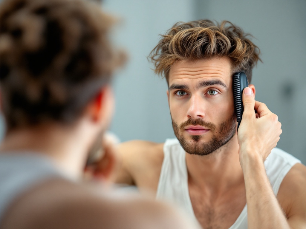 Man brushing hair as part of daily hair care routine